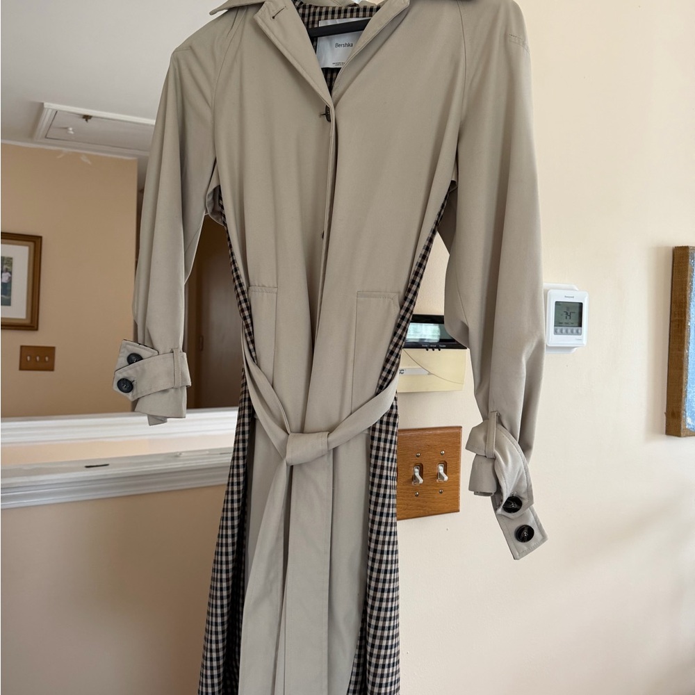 Bershka Beige Trench Coat with Checked Side Panels